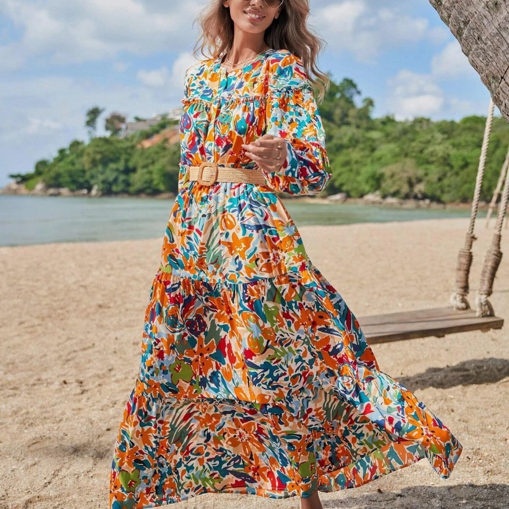 Multicolor Boho Womens Floral Print Lantern Sleeve Dress Without Belt - Picture 4 of 5
